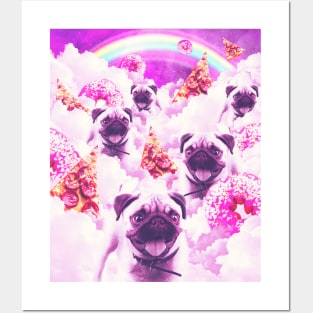 Pugs In The Clouds With Doughnut, Pizza, Rainbow Posters and Art